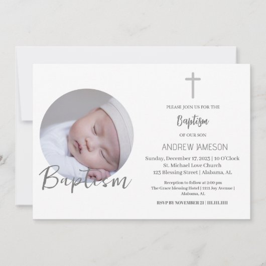 Invitation Élégant Christian Blue Round Photo | Baptême (Devant)