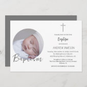 Invitation Élégant Christian Blue Round Photo | Baptême (Devant / Derrière)