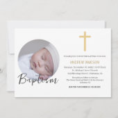 Invitation Élégant Christian Blue Round Photo | Baptême (Devant)