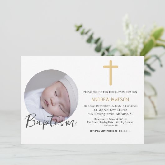 Invitation Élégant Christian Blue Round Photo | Baptême (Debout devant)