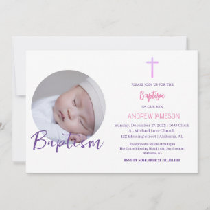 Invitation Élégant Christian Blue Round Photo Baptême