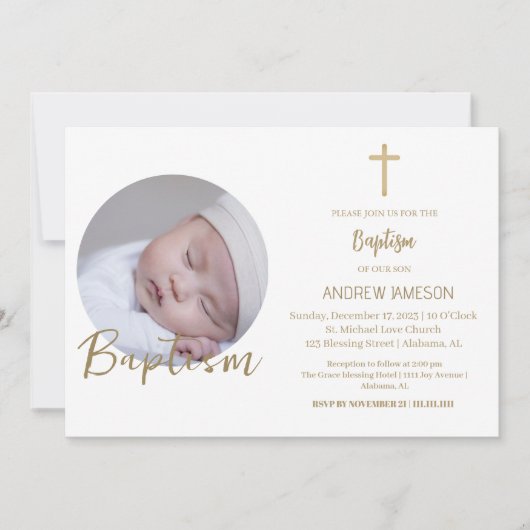 Invitation Élégant Christian Blue Round Photo | Baptême (Devant)