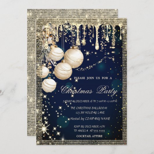 Invitation Elegant Christmas Balls Drips Gold Blue Christmas (Devant / Derrière)