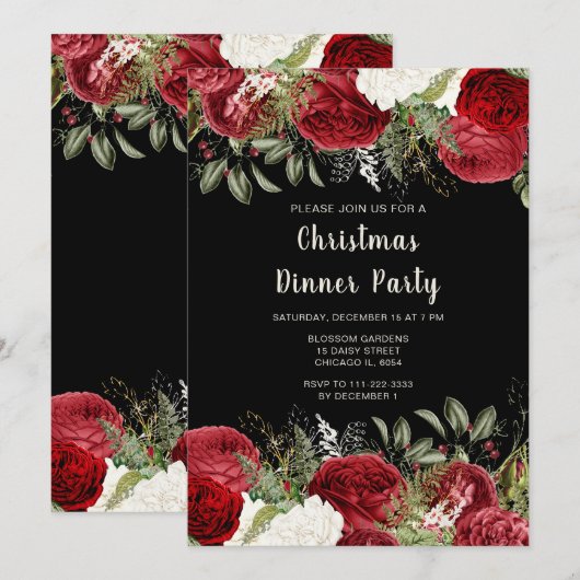 Invitation Elegant Christmas Dinner Party Red Flowers (Devant / Derrière)