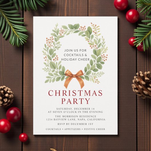 Invitation Elegant Christmas Party Red Bow Wreath 