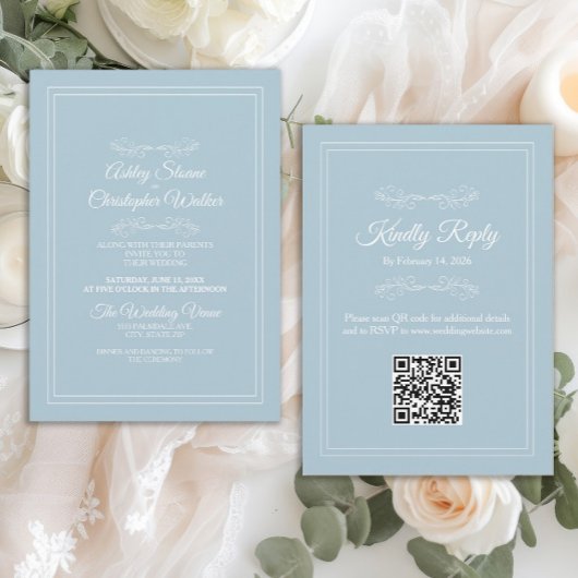 Invitation Élégant ciel bleu blanc poussiéreux code QR mariag