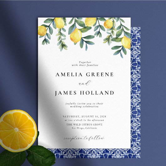 Invitation Élégant citron Botanique Bleu mariage méditerranée