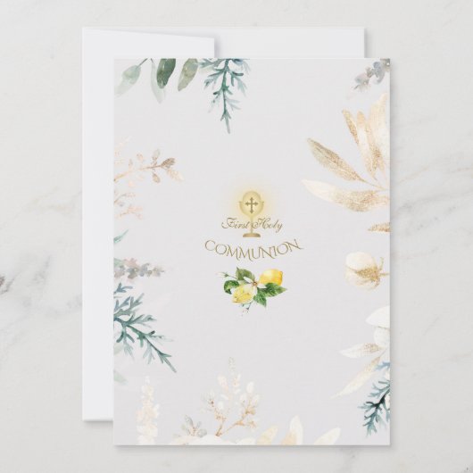 Invitation Élégant Citron Fruit Or Première Communion Sainte (Dos)