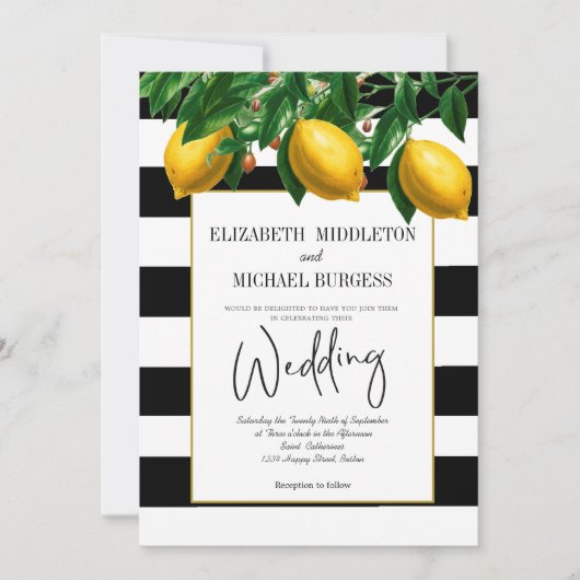 Invitation Élégant citron noir blanc Mariage botanique (Devant)