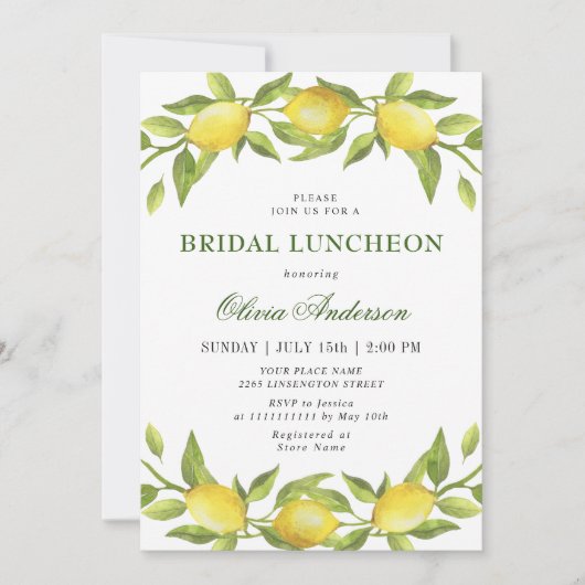 Invitation Élégant citrons aquarelle verdure BRIDAL LUNCHEON (Devant)
