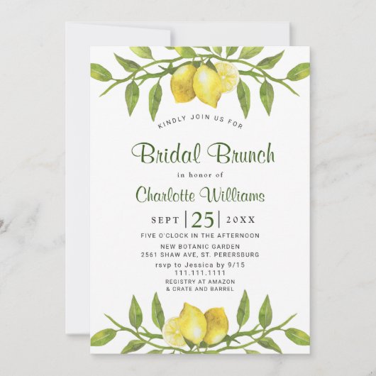 Invitation Elégant citrons aquarelle vert BRIDAL BRUNCH (Devant)
