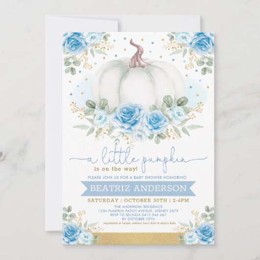 Invitation Elégant Citrouille Bleu Floral Roses Baby shower d (Devant)