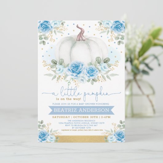 Invitation Elégant Citrouille Bleu Floral Roses Baby shower d (Debout devant)