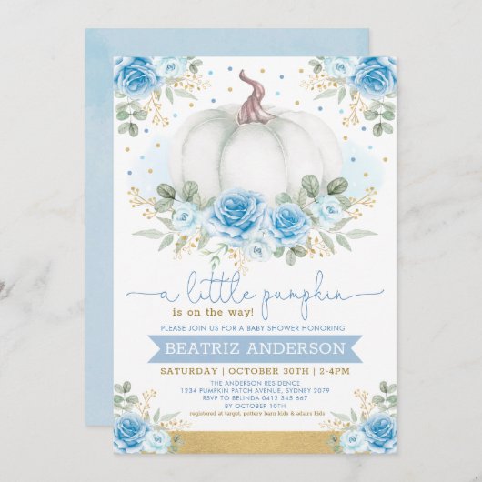 Invitation Elégant Citrouille Bleu Floral Roses Baby shower d (Devant / Derrière)