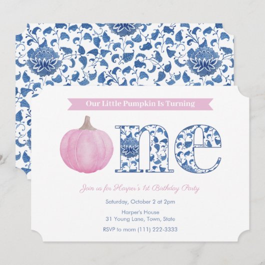 Invitation Elégant Citrouille rose bébé fille 1er anniversair (Devant / Derrière)