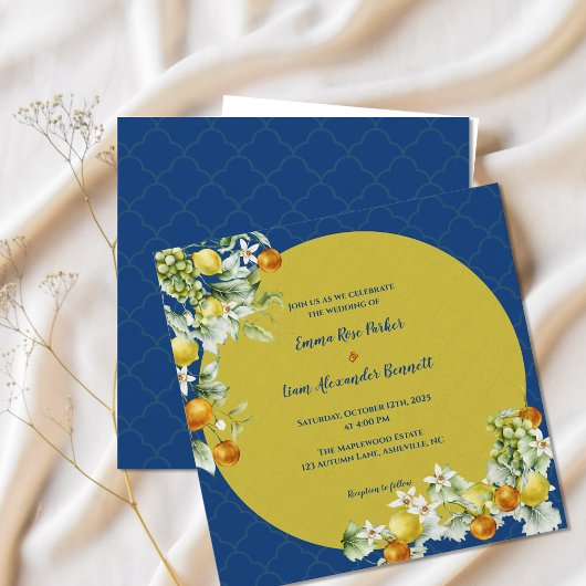 Invitation Elegant Citrus Blue Gold Floral Wedding