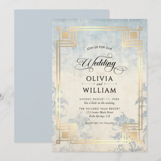 Invitation Elegant Classic Dusty Blue Wedding (Devant / Derrière)