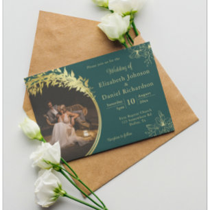 Invitation Elegant Classic Gold, Mariage photo Turquoise