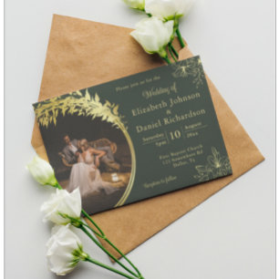 Invitation Elégant Classic Gold, Mariage photo vert