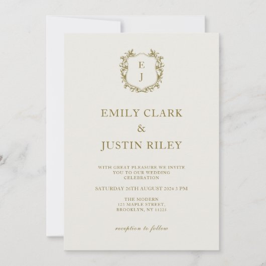 Invitation Élégant Classic Golden Crest Mariage (Devant)
