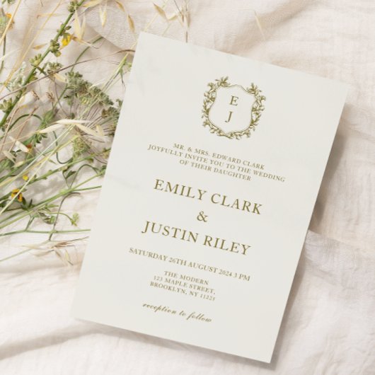 Invitation Élégant Classic Golden Crest Mariage