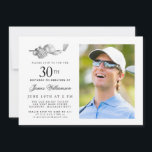 Invitation Elégant Classic Golf 30th Birthday Party Photo<br><div class="desc">Elégante invitation d'anniversaire en noir et blanc pour un golfeur. Le top de l'invitation est décoré d'accessoires de golf - un club de golf, balle de golf, casquette et gants. L'aquarelle crée une esthétique traditionnelle et classique. Parfait pour un bain d'anniversaire au club ou un jardin barbecue. Tout le texte...</div>