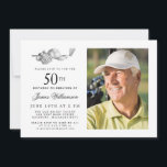 Invitation Elégant Classic Golf 50th Birthday Party Photo<br><div class="desc">Elégante invitation d'anniversaire en noir et blanc pour un golfeur. Le top de l'invitation est décoré d'accessoires de golf - un club de golf, balle de golf, casquette et gants. L'aquarelle crée une esthétique traditionnelle et classique. Parfait pour un bain d'anniversaire au club ou un jardin barbecue. Tout le texte...</div>