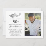 Invitation Elégant Classic Golf 90th Birthday Party Photo<br><div class="desc">Elégante invitation d'anniversaire en noir et blanc pour un golfeur. Le top de l'invitation est décoré d'accessoires de golf - un club de golf, balle de golf, casquette et gants. L'aquarelle crée une esthétique traditionnelle et classique. Parfait pour un bain d'anniversaire au club ou un jardin barbecue. Tout le texte...</div>