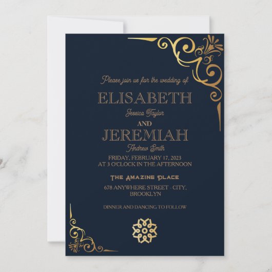 Invitation élégant Classic luxe bleu or mariage photo (Devant)