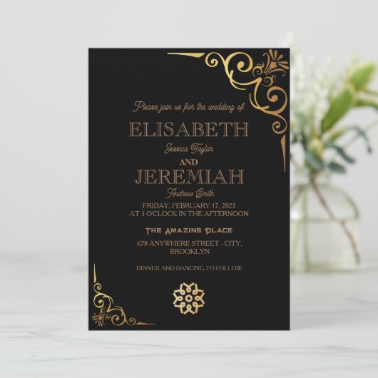 Invitation élégant Classic luxe noir or mariage photo (Debout devant)