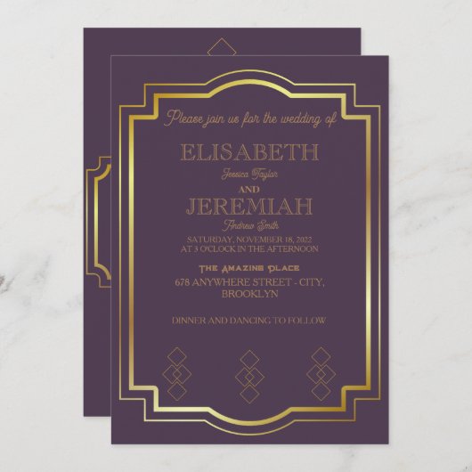 Invitation élégant Classic luxueux mariage or violet (Devant / Derrière)