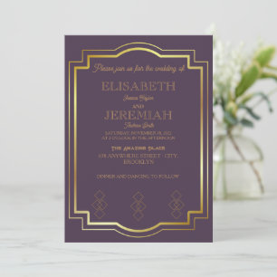 Invitation élégant Classic luxueux mariage or violet