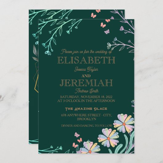 Invitation élégant Classic luxueux mariage vert (Devant / Derrière)