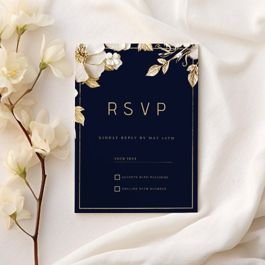 Invitation Elegant classic navy blue gold floral RSVP