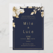 Invitation Elegant classic navy blue gold floral Wedding (Devant)
