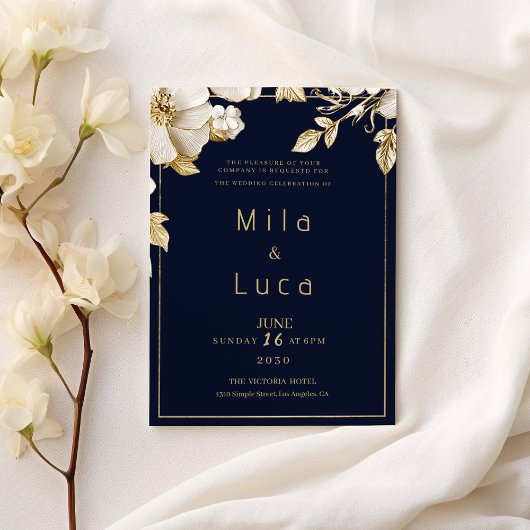 Invitation Elegant classic navy blue gold floral Wedding