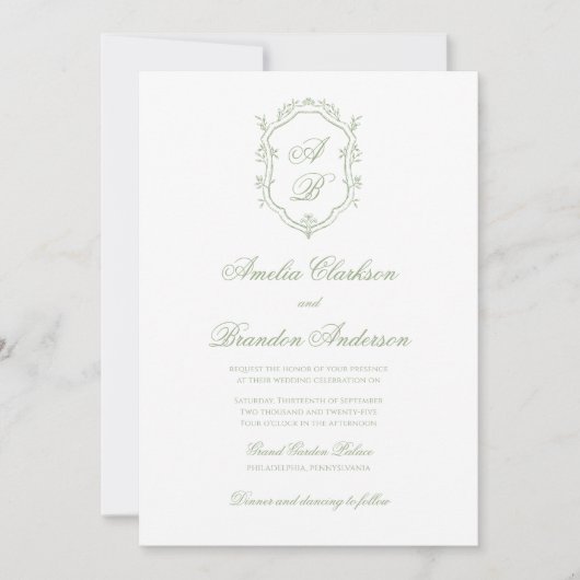 Invitation Elegant Classic Sage Green Monogram Crest Wedding (Devant)