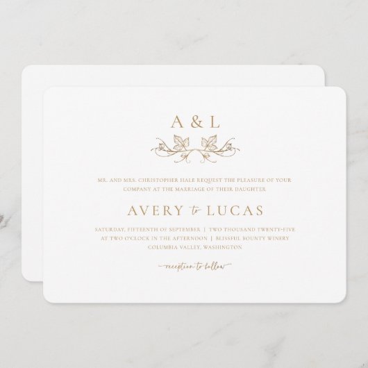 Invitation Élégant classique blanc et Mariage or (Devant / Derrière)