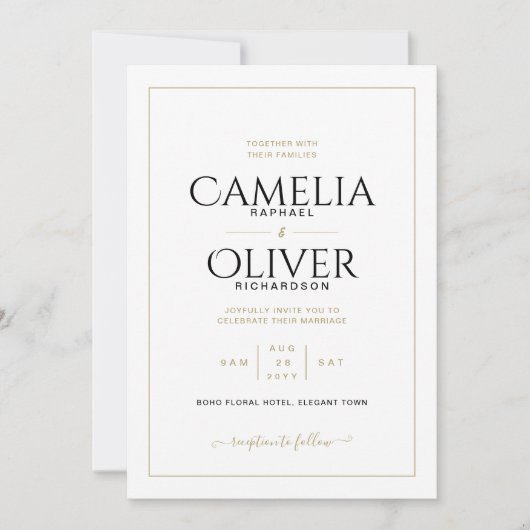 Invitation Élégant classique blanc or MONOCHROME Mariage Invi (Devant)