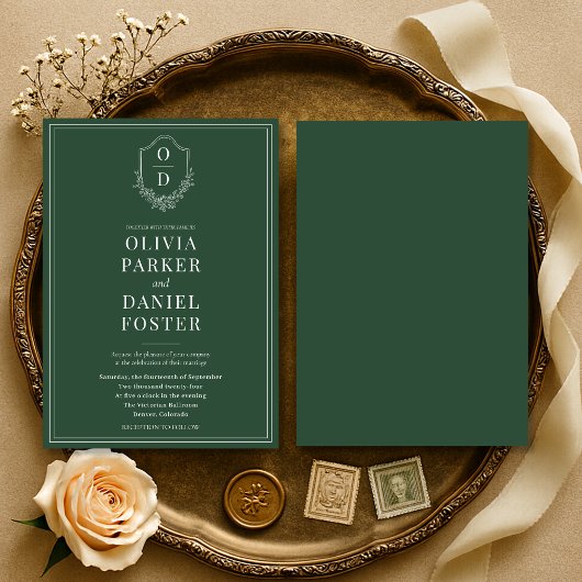 Invitation Élégant classique Crest Emerald Green Mariage