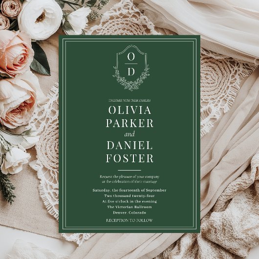 Invitation Élégant classique Crest Emerald Green Mariage