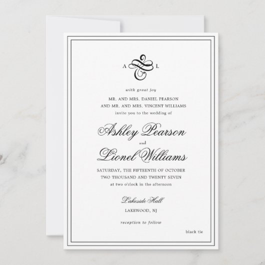 Invitation Élégant classique de script formel Monogramme Mari (Devant)