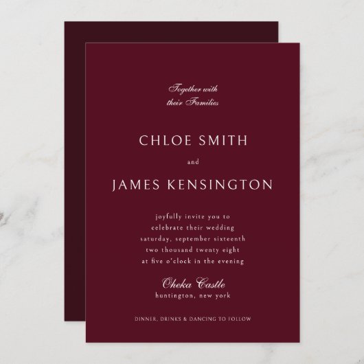 Invitation Élégant classique Formal Maroon Mariage rouge (Devant / Derrière)
