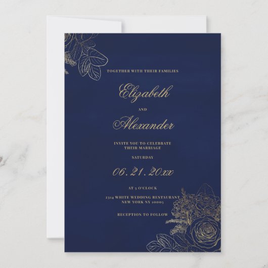 Invitation Élégant classique marine bleu feuille d'or mariage (Devant)