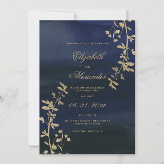 Invitation Élégant classique marine bleu or mariage (Devant)