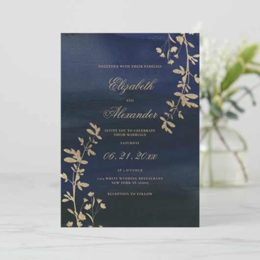 Invitation Élégant classique marine bleu or mariage (Debout devant)