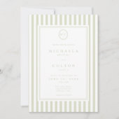 Invitation Élégant Classique Monogramme À Rayures Sage Double (Devant)