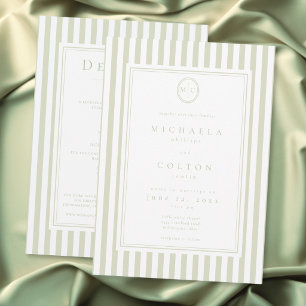 Invitation Élégant Classique Monogramme À Rayures Sage Double