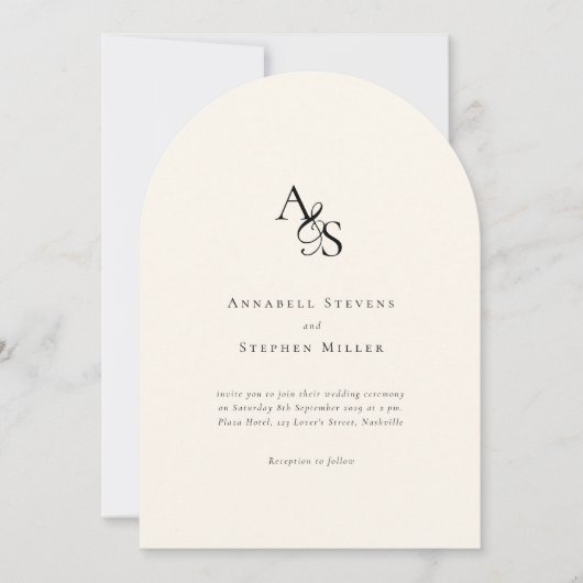Invitation Élégant, Classique, Monogramme, Beige, Mariage Arc (Devant)