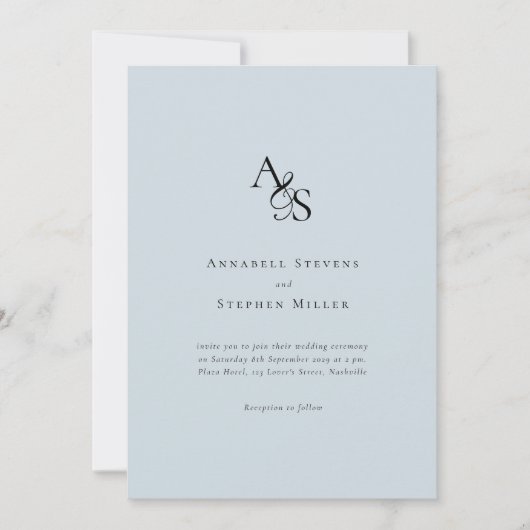 Invitation Élégant, Classique, Monogramme, Bleu clair, Mariag (Devant)